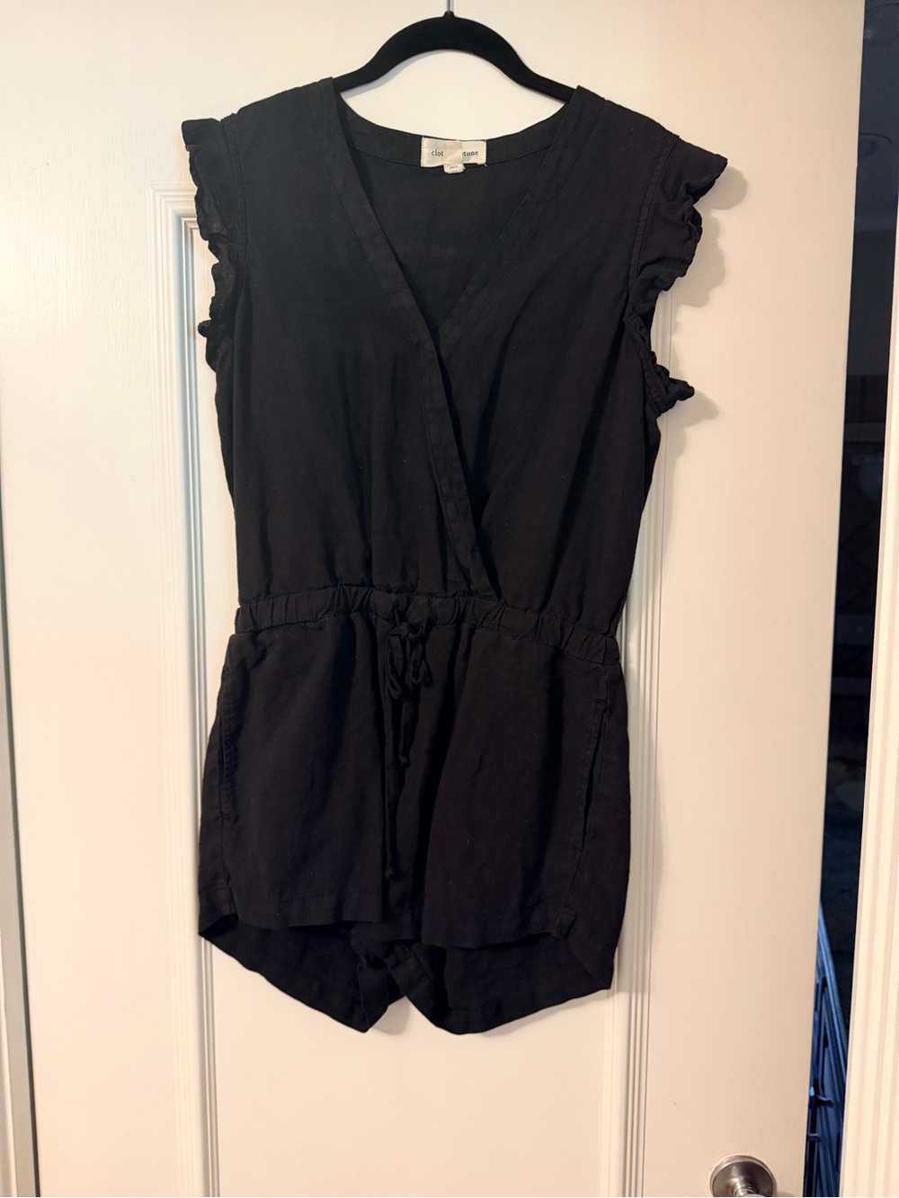 cloth & stone Black Wrap-Front Romper with Ruffle Sleeves